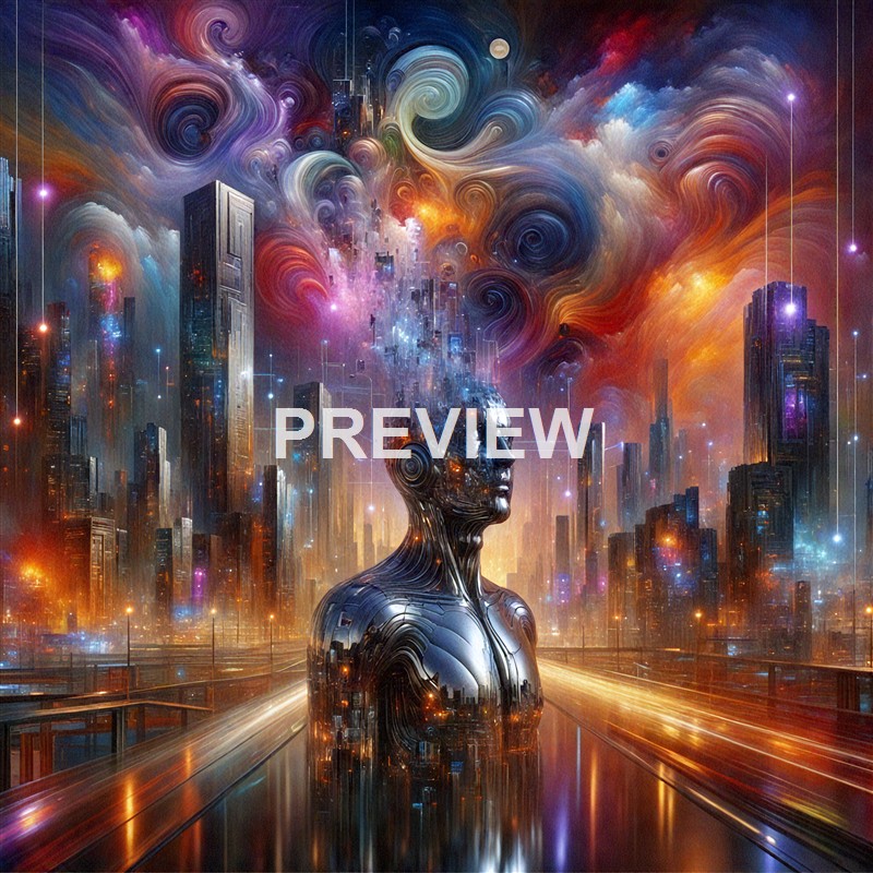 A futuristic cityscape with a metallic humanoid figure in the foreground, surrounded by towering skyscrapers and swirling, colorful cosmic clouds in the sky.